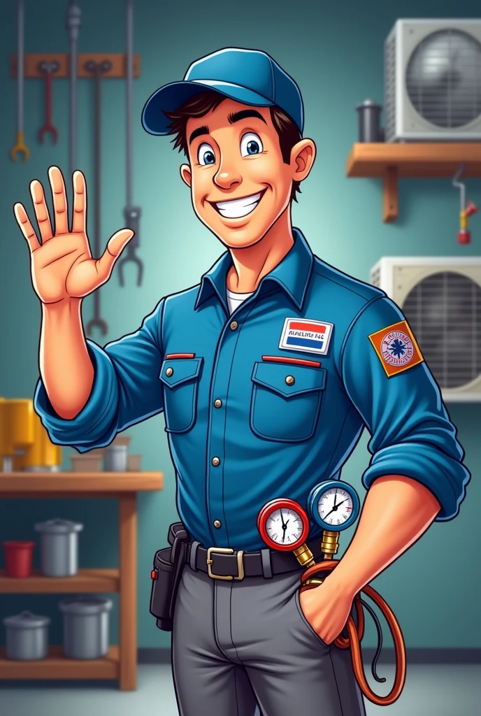 I would like to create a man in cartoon form, This person must be dressed in HVA-C technician clothing., in the left hand a manifold and the right hand is saluting.