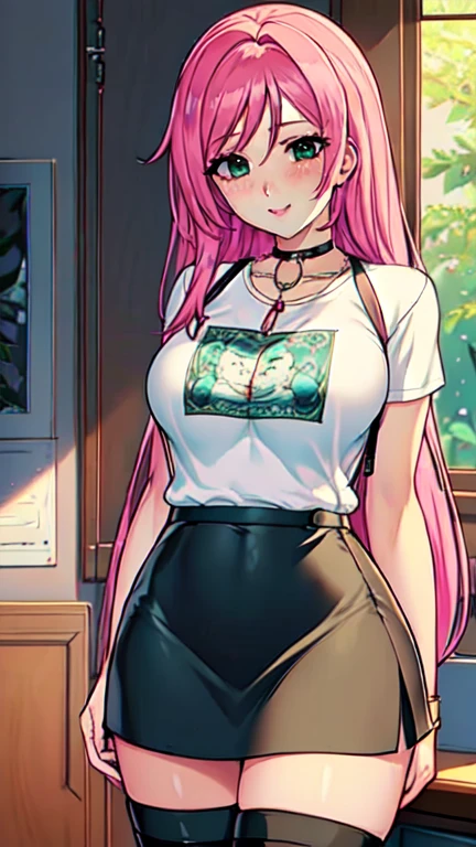 Masterpiece, raw, beautiful art, professional artist, 8k, art style by sciamano240, very detailed face, very detailed hair, 1 woman, perfectly drawn body, beautiful face, long hair, pink hair , very detailed green eyes , rosey cheeks, intricate details in eyes, playful smile, looking directly at viewer , in love with viewer expression, lipstick, jewelry, white tshirt, black pencil skirt, thigh boots, sunny day, posing standing next to window, office setting, full body view, suspenders