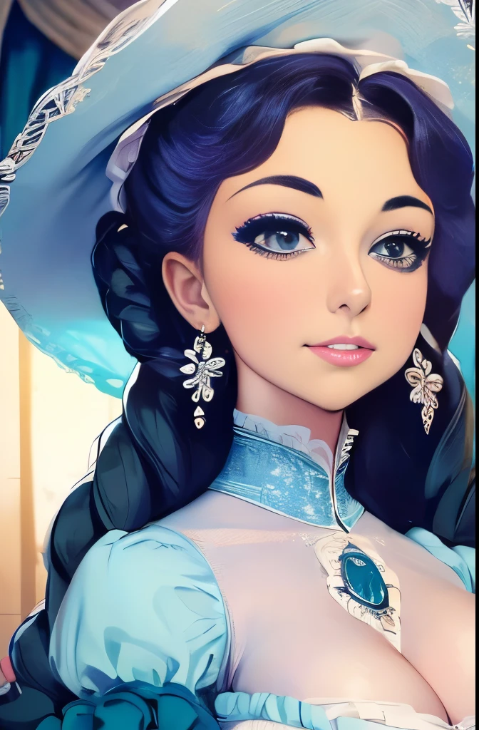 a close up of a woman in a dress with a hat on, a pastel inspired by Nina Petrovna Valetova, tumblr, rococo, olivia culpo as milady de winter, victorian style costume, with victorian clothing, dressed in a medieval lacy, a beautiful victorian woman, nina dobrev, in victorian aristocrat, victorian inspired clothing, in costume