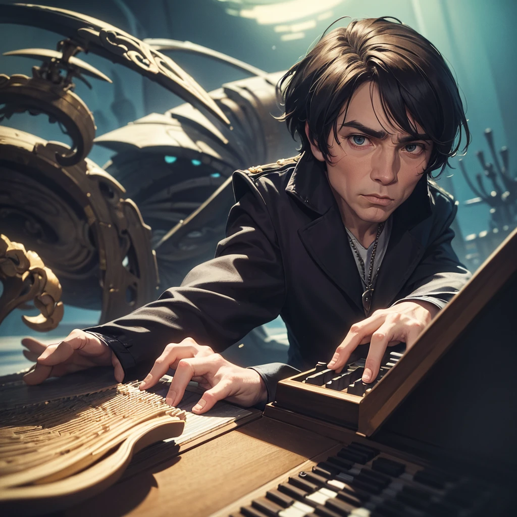 Davy Jones in his non-human form playing the piano, I want to be inspired by the scene in the movie where he shows playing.