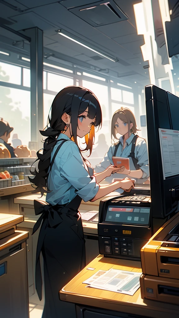 young woman,smile,((Standing inside the cash register)),Touching the cash register machine,Customer Service,((There is a cash register on the table)),(Scanning product barcodes at the cash register)),Each person has one register,Supermarket clerk,Wearing an apron,uniform,((Working as a cashier)),((There are multiple cashiers.)),((cashier,register,)),((Receive money from customers)),There are products on the shelves,In the supermarket,Bright interior,grocery store,There are customers in the store