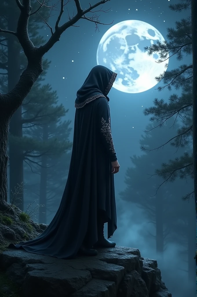 Hooded killer elf on moonlight at night facing away
