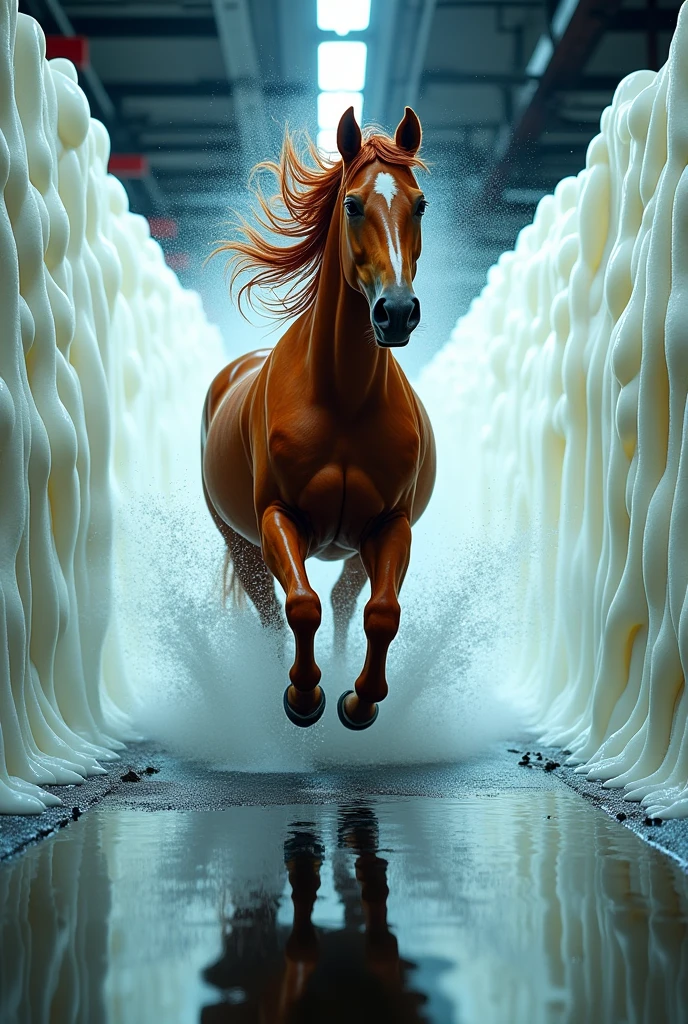 (Photorealism:1.2), Horse gallops through a car wash, no cars, only the horse and the car wash  