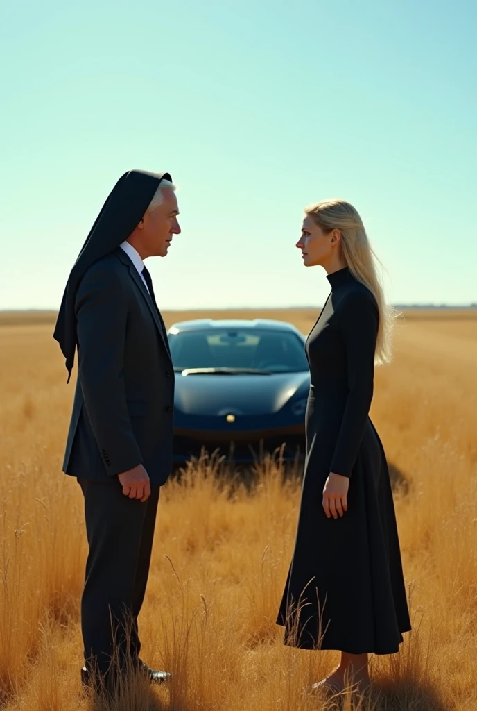 American man, stark, in a suit, nun dress.
arguing with a 25 year old girl, blonde, wearing a simple outfit.

They are in a field, in the background there is a black supercar parked.
The man yells at the woman, she looks at him defiantly