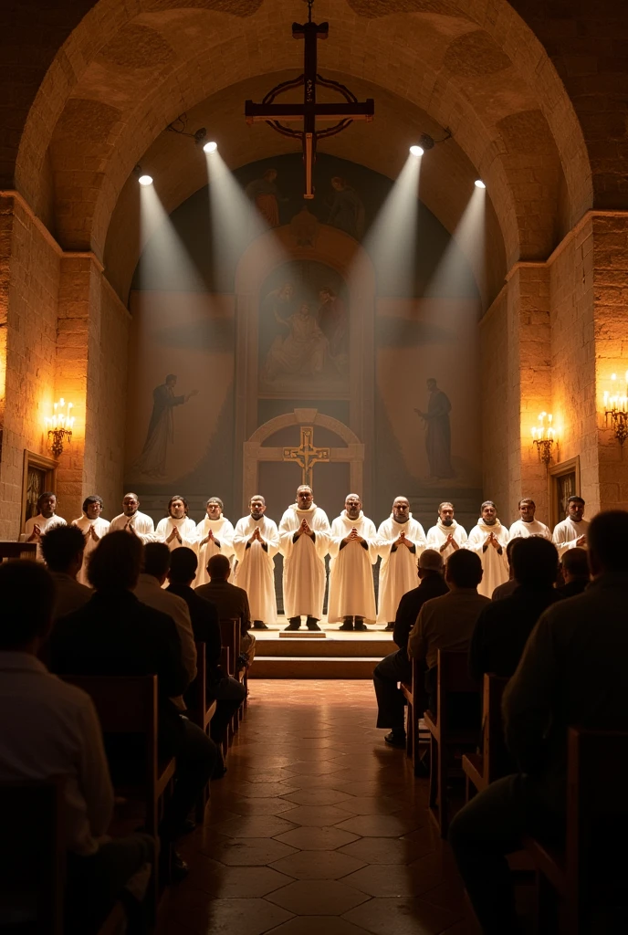 15 mens orthodox christians saying chant in church of ethiopia with some ppl in the church
