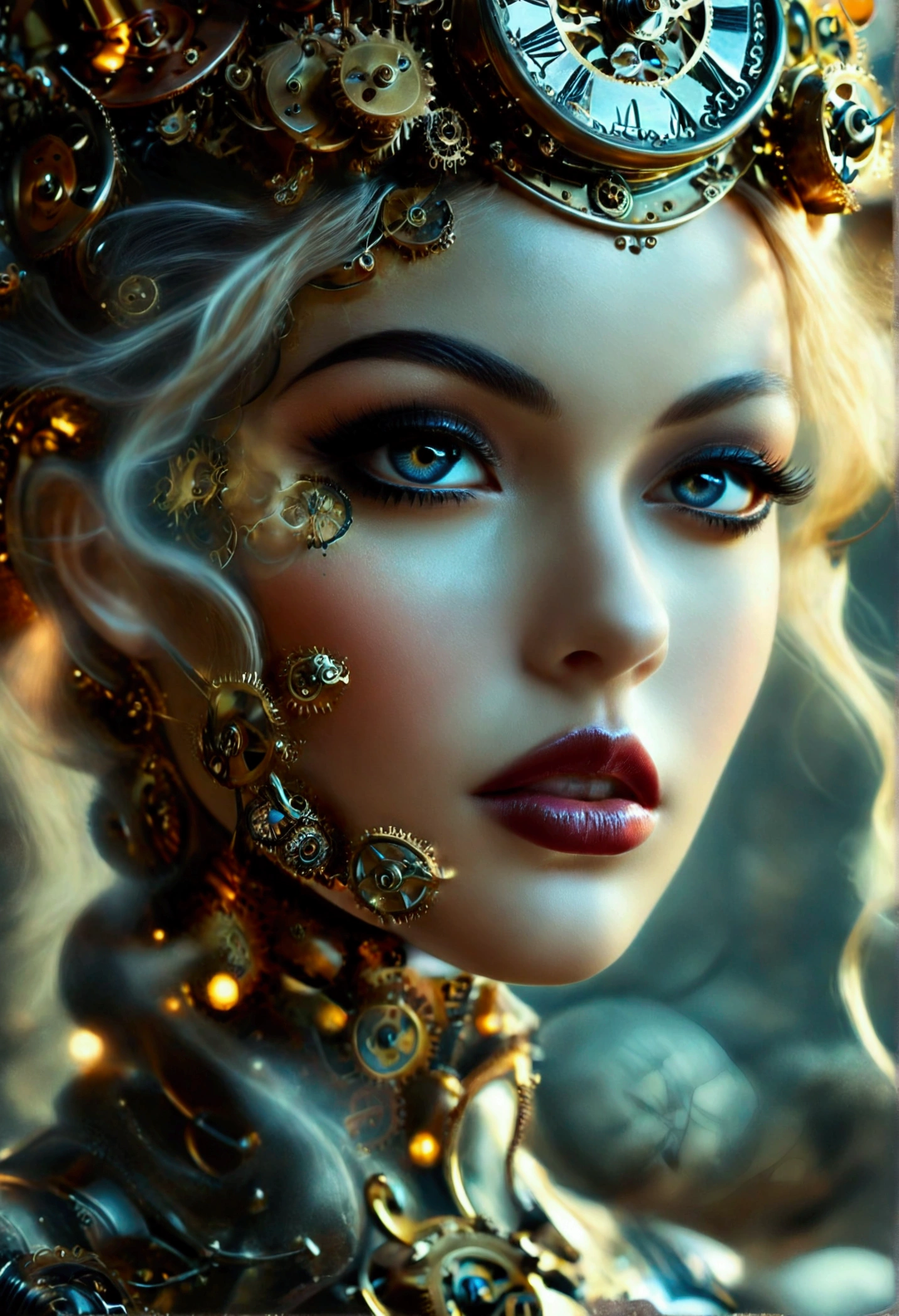 Creat an image of a stunningly gorgeous beautiful clockwork girl,Stunningly gorgeous beautiful perfect feminine face, stunning perfect makeup, think curved eyebrows, long thick eyelashes, black eyeliner, dark eye shadow, cute little nose, full lips, lipstick, perfect breasts, slim waist, perfect round ass, clockwork steampunk outfits,