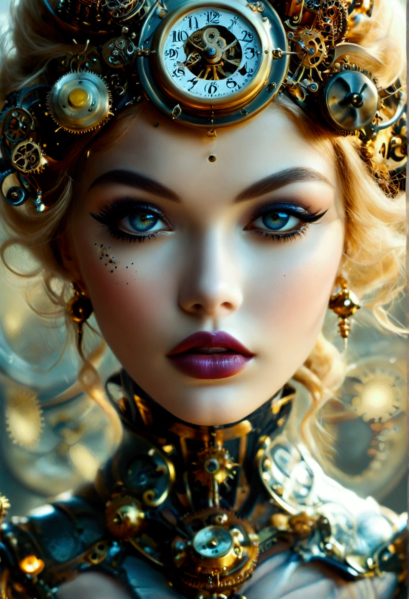 Creat an image of a stunningly gorgeous beautiful clockwork  girl,Stunningly gorgeous beautiful perfect  feminine face, stunning perfect makeup, think curved eyebrows, long thick eyelashes, black eyeliner, dark eye shadow, cute little nose, full lips, lipstick, perfect breasts, slim waist, perfect round ass, clockwork steampunk outfits, 