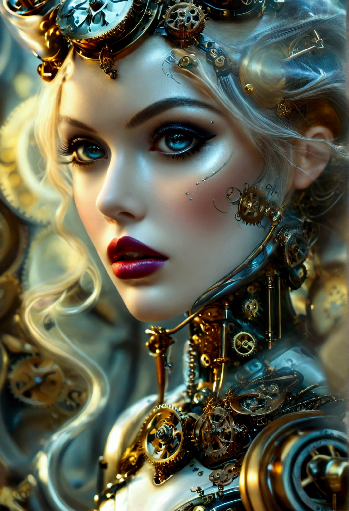 Creat an image of a stunningly gorgeous beautiful clockwork  girl,Stunningly gorgeous beautiful perfect  feminine face, stunning perfect makeup, think curved eyebrows, long thick eyelashes, black eyeliner, dark eye shadow, cute little nose, full lips, lipstick, perfect breasts, slim waist, perfect round ass, clockwork steampunk outfits, 