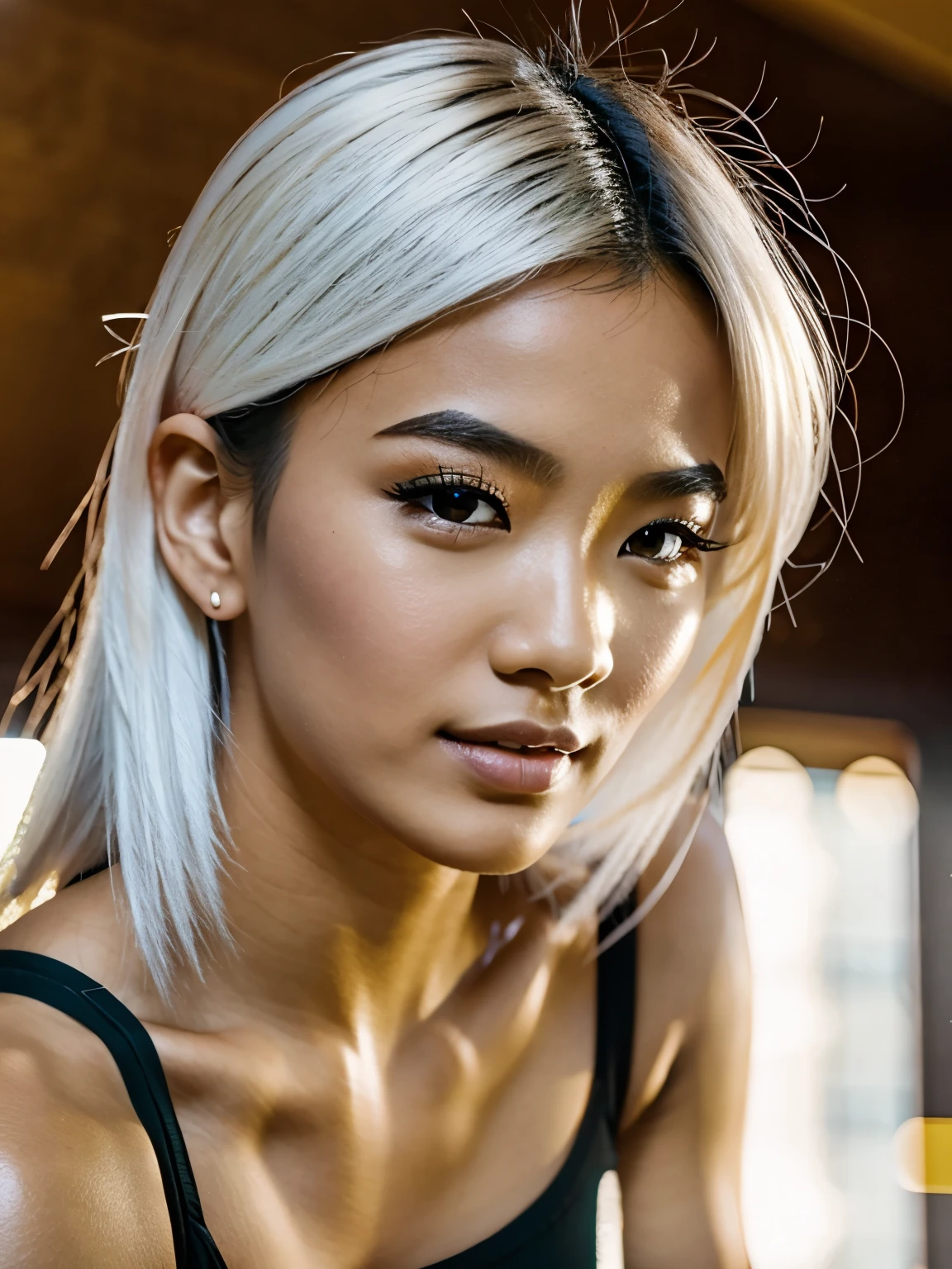 one asian woman, 18 years old, with white hair, asian girl, 172cm height, 68kg weight, clear green eyes, long lashes, perfectly shaped eyebrows, slim and well-defined body, curvy body, thin nose, small ears, full lips, white teeth, small soft hands, painted fingernails, wearing long black sportswear, high resolution, masterpiece, best quality, intricate high detail, highly detailed, sharp focus, detailed skin, realistic skin texture, real skin texture, realistic texture, professional, real life, ultra-realistic, photorealism, photography, realistic photography, UHD, indoor, sitting on ground, in gym, view from bottom