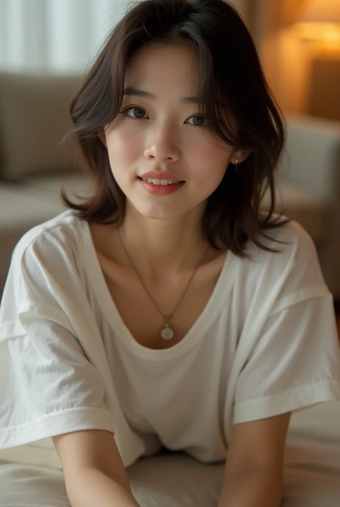 A fair-skinned Japanese woman wearing a loose, oversized T-shirt。On all fours。Her large breasts are visible through the gap between her neck and her T-shirt.。Selfie style。