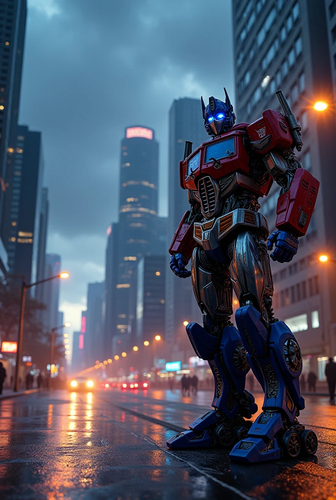 Optimus prime is standing in between a city with dark background and shiny streetlights, glowy eyes. It should look more real. Can you keep it at the right bottom corner?