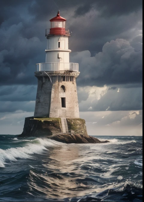 (best quality,8k,highres, masterpiece: 1.2) Work of art, best qualityer, lighthouse, distant lighthouse, oil on canvas, leonardo da vinci, stormy environment, rain, fog, thick clouds, clouds form a skull, under the lighthouse there is a monster, monster like dagon, fish monster, hidden, you can hardly see , small island, lighthouse separate from the island, on the island there is a house and a cabin, aesthetically pleasing, beautiful,
