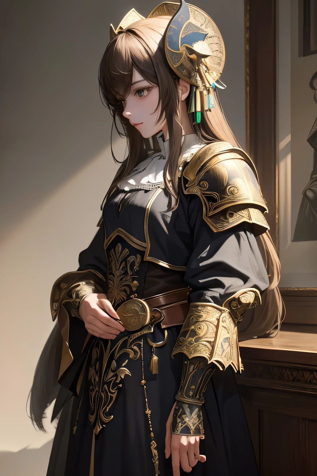 masterpiece: 1.7, highest quality、(Very detailed CG、Super detailed、best shadow:1.3)、solo、Painterly、Sketch、 Texture、ultra high resolution、highly detailed face、Highly detailed eyelat colors、limited pallete、high contrast、real、best lighting、Graceful、leprechaun、Beautiful woman、Black Knight、There's a blue rose in my left eye、skull mask on head、Wearing armor、green eye rack、Light blue hair、Short hair、Smile a little、white:1.5