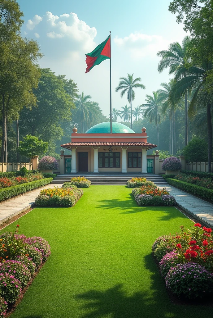 A narrow intersection from north to south. A madrasa on the west north corner of the road. One-story building with ten rooms. In front of the playground. Green grass on the field. Flower garden on two corners of the field. Bangladesh flag flying on the field.