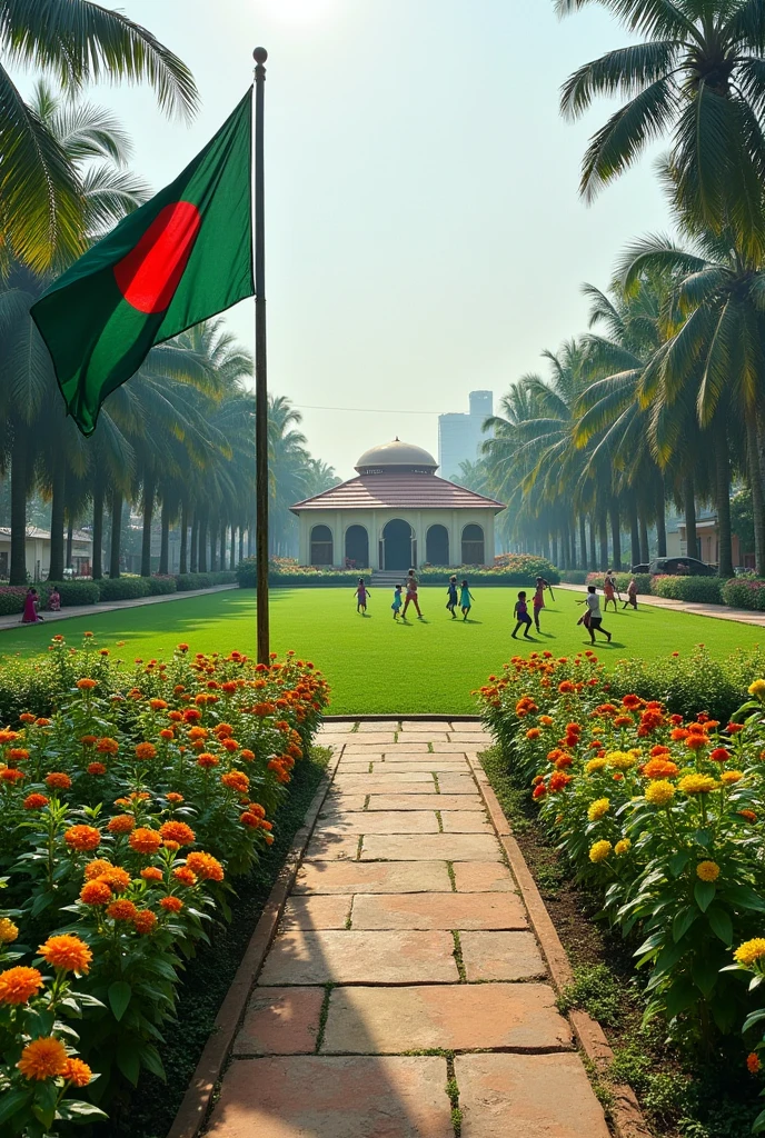 A narrow intersection from north to south. A madrasa on the west north corner of the road. One-story building with ten rooms. In front of the playground. Green grass on the field. Flower garden on two corners of the field. Bangladesh flag flying on the field.