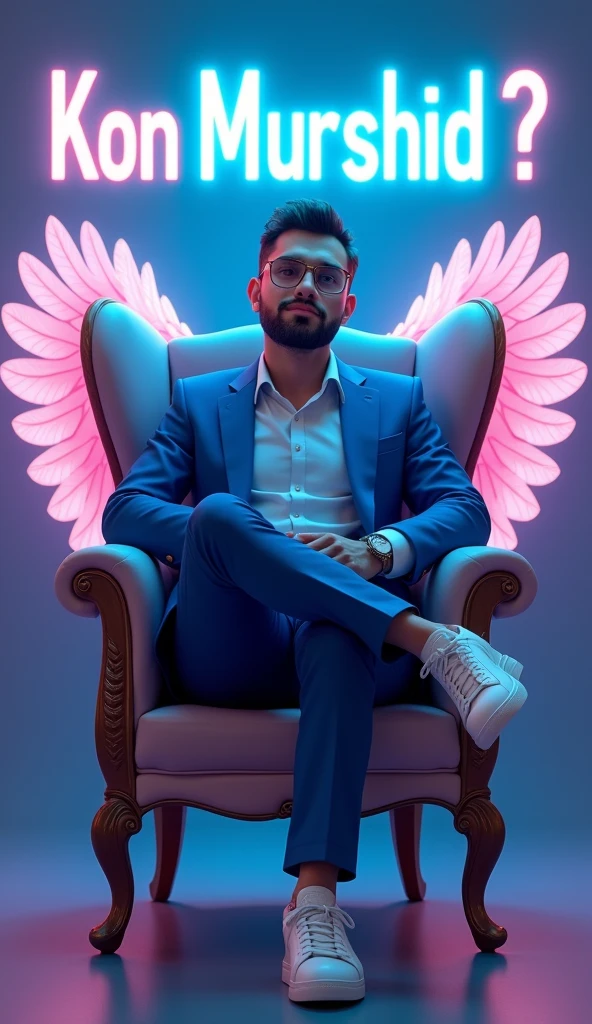 Create a 3D illustration for a profile picture where a 38 year old “Man”,With a blue suit, casually on a wings back chair, wearing sneakers a white,, the background features “Kon Murshid ?” in big and capital letters White neon light fronts on the back wall, there should not be his shadow and there are wings to make it appear as if he is angel.
