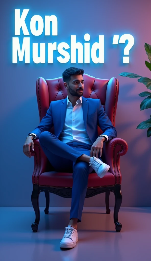 Create a 3D illustration for a profile picture where a 38 year old “Man”,With a blue suit, casually on a wings back chair, wearing sneakers a white,, the background features “Kon Murshid ?” in big and capital letters White neon light fronts on the back wall, there should not be his shadow and there are wings to make it appear as if he is angel.
