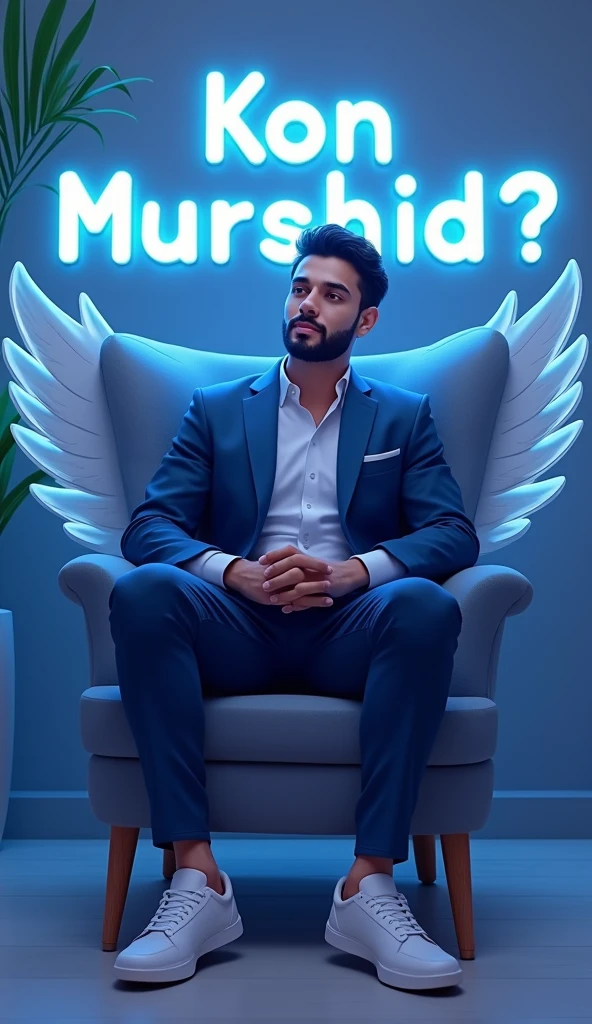 Create a 3D illustration for a profile picture where a 38 year old “Man”,With a blue suit, casually on a wings back chair, wearing sneakers a white,, the background features “Kon Murshid ?” in big and capital letters White neon light fronts on the back wall, there should not be his shadow and there are wings to make it appear as if he is angel.