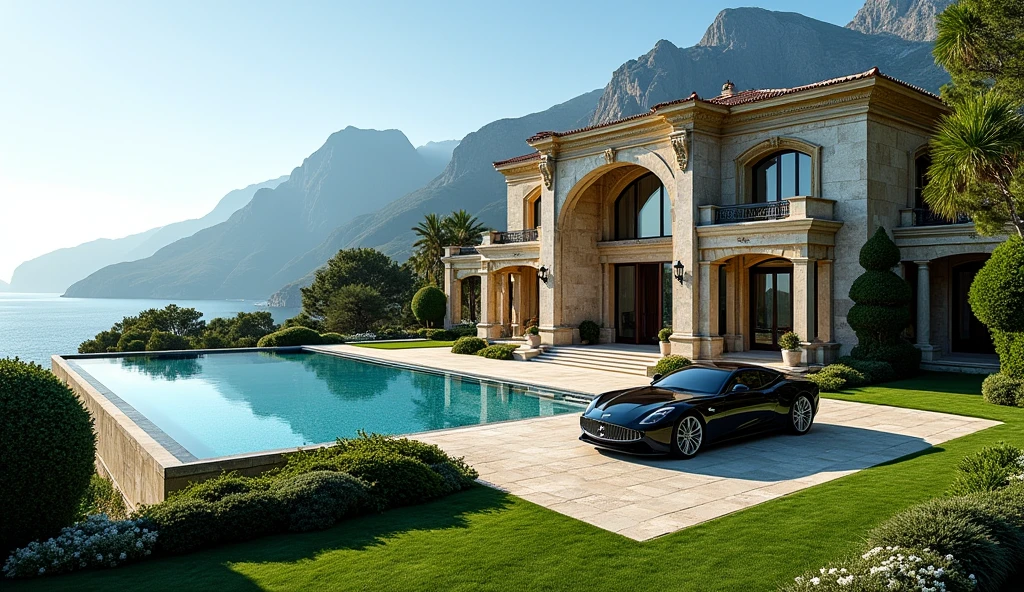 luxury mansion with a luxuary car parked in front of it, green yard with trees, behind sea and mountains, luxury pool, luxury lifestyle, luxurious environment, luxury architecture, rich, huge mansion, rich style, luxury and elite, extremely opulent, luxurious, hyper luxurious, majestic masterpiece, wealthy, luxury, stunning grand architecture, exquisite masterpiece, flaunting his wealth, inside a grand, architectural masterpiece