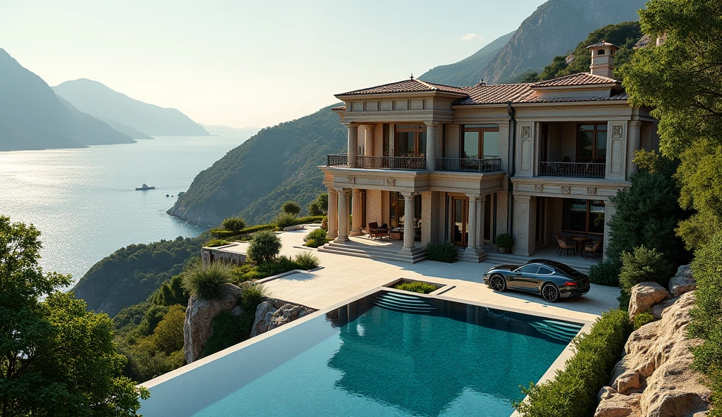 luxury mansion with a luxuary car parked in front of it, green yard with trees, behind sea and mountains, luxury pool, luxury lifestyle, luxurious environment, luxury architecture, rich, huge mansion, rich style, luxury and elite, extremely opulent, luxurious, hyper luxurious, majestic masterpiece, wealthy, luxury, stunning grand architecture, exquisite masterpiece, flaunting his wealth, inside a grand, architectural masterpiece