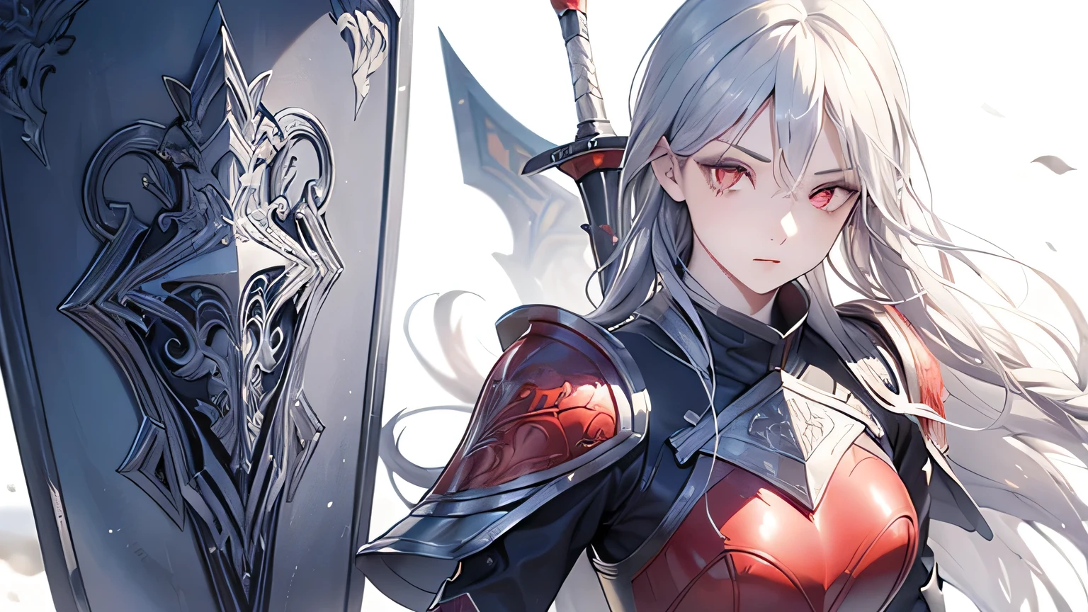 ((best quality)), ((masterpiece)), (detailed), perfect face, albino warrior, ((long white hair, White skin, Red eyes)), Black magic sword, (Great sword engraved with red runes), crazy eyes, haggard cheeks, fantasy novel, 25 years old lady, ((silver armor, Gloves, and engraved shields))