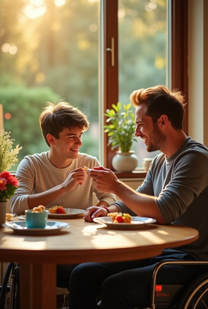 Young man in a wheelchair who is unable to eat alone, A male friend gives him food