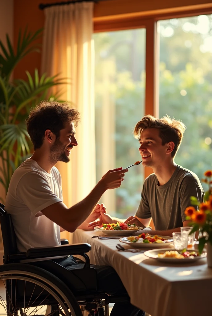 Young man in a wheelchair who is unable to eat alone, A male friend gives him food