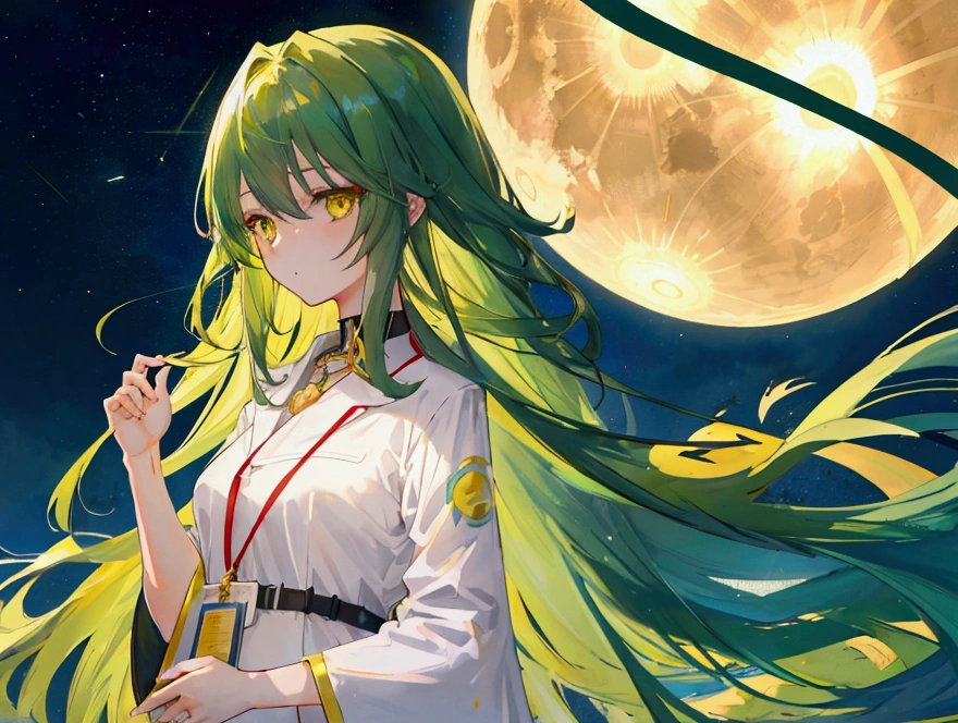 a girl with long dark green hair, yellow eyes,hair behind ear, アニメ, アニメ style, uhd, masterpiece, accurate, anatomically correct, super detail, high quality, high details, award winning, highres, best quality, 8k,
Suit,Bangs,The golden sun in the background,Silver cross necklace,