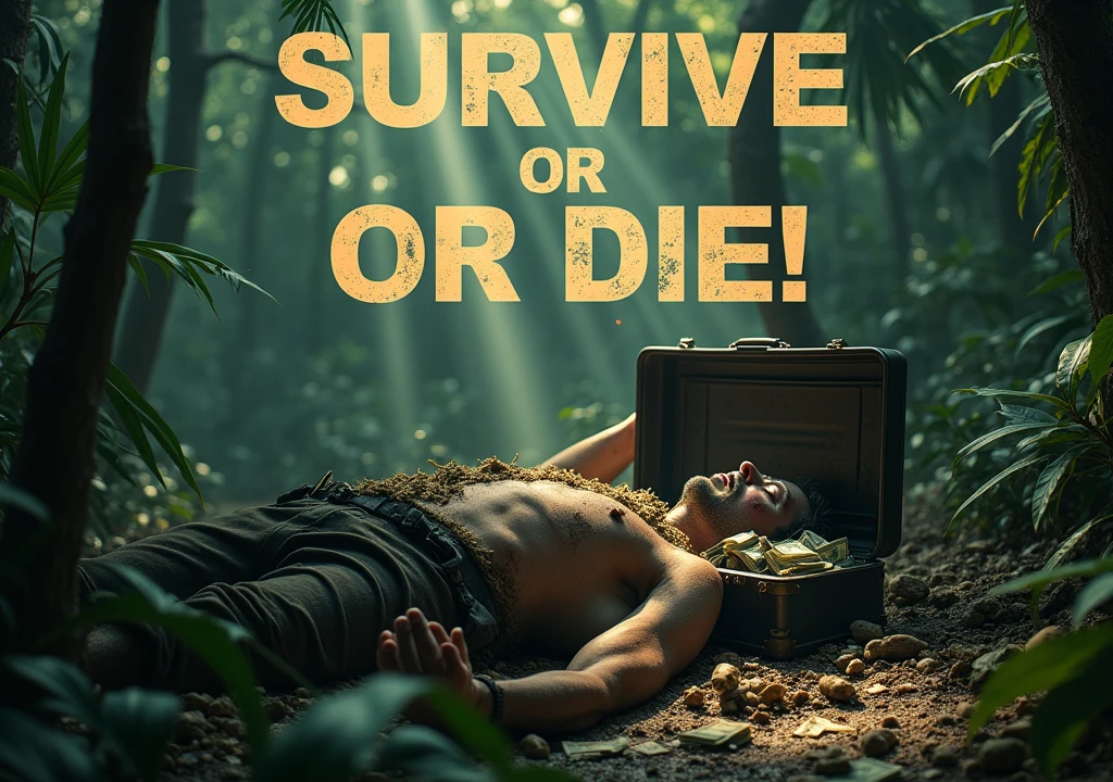 Create a highly detailed and dramatic scene set deep within a dense, untamed jungle. The environment should be lush with towering trees, thick foliage, and a rich variety of greenery that stretches far into the background. The focal point of the scene is an injured man lying prone on the jungle floor. His clothing is torn and dirty, with visible cuts and bruises marking his skin, indicating a prolonged struggle for survival. The man’s expression is one of exhaustion, desperation, and determination, as he clutches an open briefcase in front of him. The briefcase is overflowing with neatly stacked bundles of cash, the crispness of the money contrasting sharply with the wild, dirty surroundings. The man’s outstretched hand grips a thick jungle root or branch, his knuckles white from the effort, as if he is pulling himself forward through sheer willpower. The ground beneath him is muddy, with leaves and debris sticking to his clothes, further emphasizing the harsh conditions. Rays of sunlight pierce through the dense canopy above, casting dramatic shadows and highlights across the scene, adding depth and tension. The atmosphere should be tense, gripping, and almost cinematic, capturing the raw emotion of a man on the edge, fighting to survive against overwhelming odds. In the upper part of the image, include the text 'Survive or Die!' in bold, rugged letters that blend naturally with the jungle theme, perhaps using a textured, weathered font that feels organic to the setting. The text should be prominent but not overpowering, allowing the viewer to feel the intensity of both the man’s struggle and the hostile environment around him. Ensure the scene is composed in a way that guides the viewer’s eye from the man’s desperate expression to the briefcase full of money and then to the text above, creating a cohesive and impactful visual narrative. The overall tone should be one of survival, grit, and the relentless will to overcome. The image should be formatted to a resolut