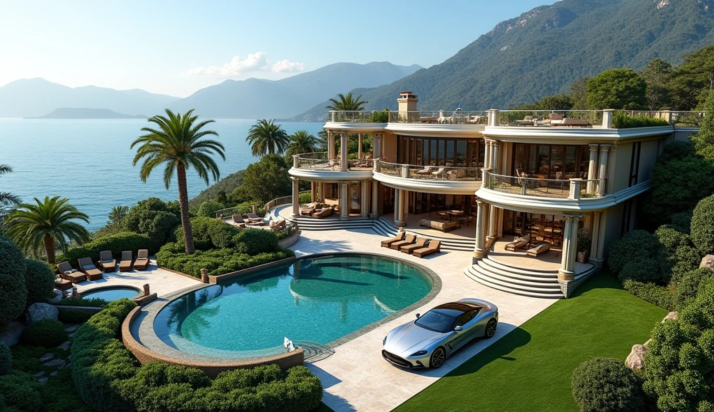 luxury mansion with a luxuary car parked in front of it, green yard with trees, behind sea and mountains, luxury pool, luxury lifestyle, luxurious environment, luxury architecture, rich, huge mansion, rich style, luxury and elite, extremely opulent, luxurious, hyper luxurious, majestic masterpiece, wealthy, luxury, stunning grand architecture, exquisite masterpiece, flaunting his wealth, inside a grand, architectural masterpiece