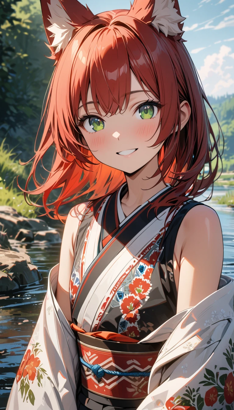 young girl, long red hair, fox ears, green eyes, smile, kimono, folk Russian print, sleeveless, open shoulders, flat chest, river, summer, Masterpiece, best quality, Full HD, 8k, ultra details, great graphic