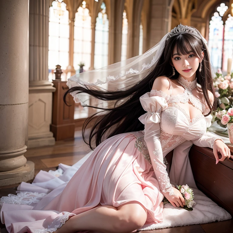 wear wedding gloves, best quality, Delicate face，beautiful visual work, lifelike, eternity, black hair, Long curly hair, blunt bangs, Smile, Detailed Background, Delicate face，pink blush，cold，((masterpiece))、(top quality)、8k、high detail、Super detailed，31 years old female，Seductive and whimsical style、masterpiece、born、Scenes resembling fairy tale illustrations、Intricate details and complex designs、Beautifully、magic、capricious、 Beautifully、Dream aesthetics、「𝓡𝓸𝓶𝓪𝓷𝓽𝓲𝓬、ethereal、charming、fickle、magic」、Realism、Visual effects、FXAA、SSAO、Shaders、voiceless、ambient lighting、Tone mapping、High resolution、Ultra high quality、Million pixels、(8K resolution:1.10)、8k、Below 8K、8K resolution、high detail、intricate details， (high quality:1.2、masterpiece:1.2、:1.21)、(31 years old female:1.21)、(Smile excitedly)、(Surrounded by the dreamy atmosphere、Model diagram，full-body shot，Normal 2 feet，Don't show your fingers，wearing pink princess wedding dress, Don’t show your feet, big skirts, princess dress, wedding princess dress, ball gown wedding dress, bride, bridal veil,in the church，Holding flowers in both hands， long skirt, long sleeves,a bride, skirt covers feet, H CUP, Large Breasts, wear wedding gloves,