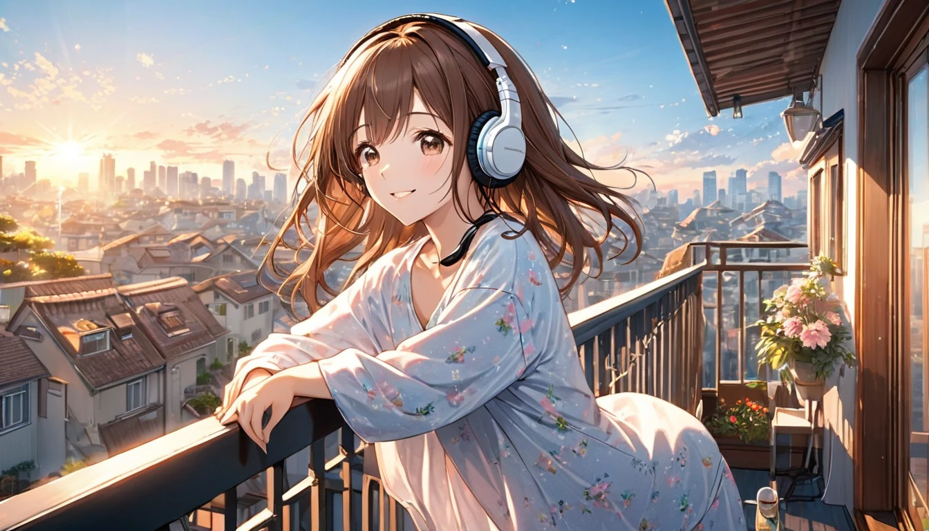 (Brown haired woman wearing headphones), (Listening to background music on a quiet early morning balcony), (Very detailed, masterpiece, Highest quality, bright), (Anime Style)
background: Sky and cityscape with a hint of morning glow: Bright smile costume: Light pajama pose: Standing on the balcony、Scene looking up at the sky: Still quiet early morning、A moment to start the day with refreshing background music
