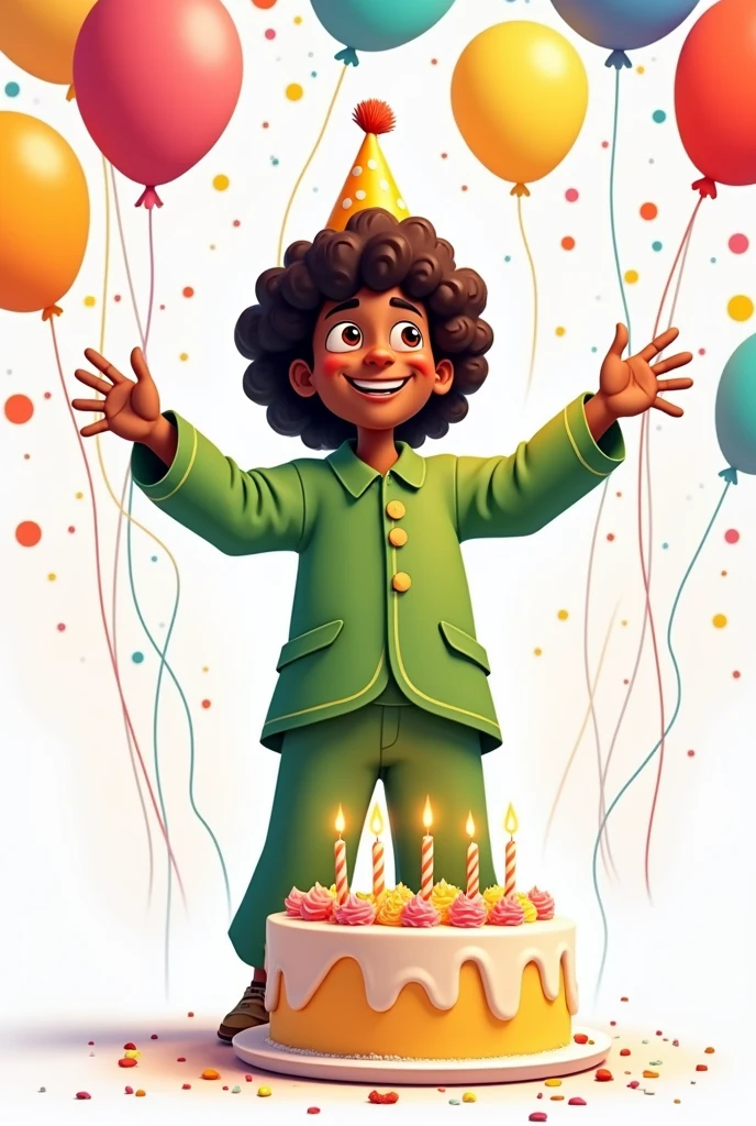 Young dark-skinned man dressed in green with balloons blowing a cake and with a hat on his head animated Cartoon Beardless blowing on white background medium curly hair