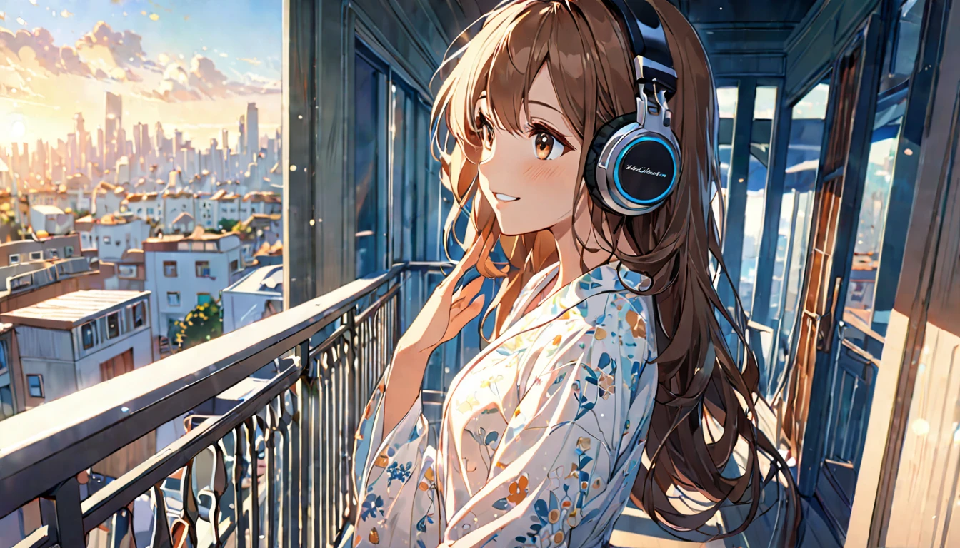 (Brown haired woman wearing headphones), (Listening to background music on a quiet early morning balcony), (Very detailed, masterpiece, Highest quality, bright), (Anime Style)
background: Sky and cityscape with a hint of morning glow: Bright smile costume: Light pajama pose: Standing on the balcony、Scene looking up at the sky: Still quiet early morning、A moment to start the day with refreshing background music