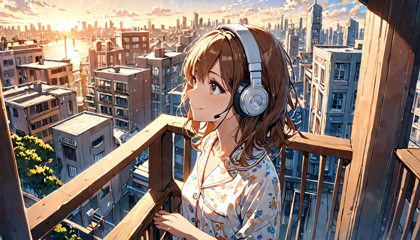 (Brown haired woman wearing headphones), (Listening to background music on a quiet early morning balcony), (Very detailed, masterpiece, Highest quality, bright), (Anime Style)
background: Sky and cityscape with a hint of morning glow: Bright smile costume: Light pajama pose: Standing on the balcony、Scene looking up at the sky: Still quiet early morning、A moment to start the day with refreshing background music