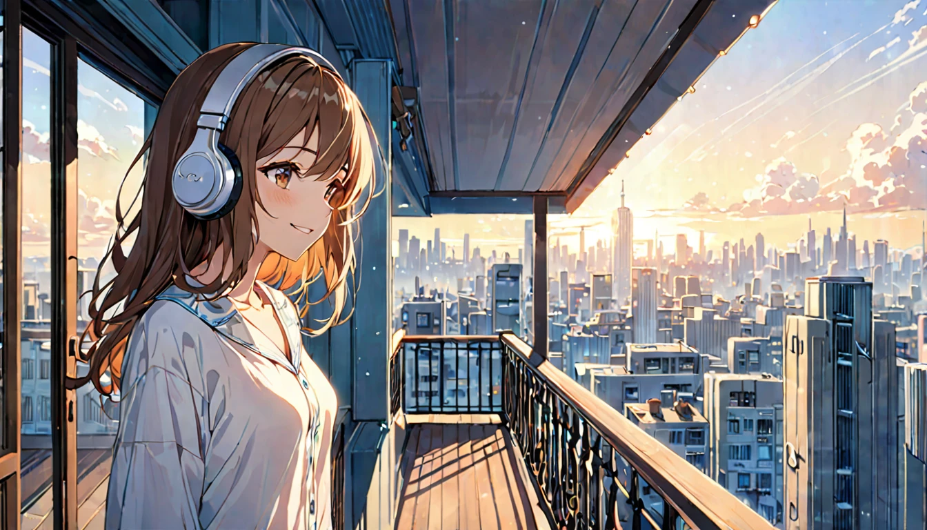 (Brown haired woman wearing headphones), (Listening to background music on a quiet early morning balcony), (Very detailed, masterpiece, Highest quality, bright), (Anime Style)
background: Sky and cityscape with a hint of morning glow: Bright smile costume: Light pajama pose: Standing on the balcony、Scene looking up at the sky: Still quiet early morning、A moment to start the day with refreshing background music