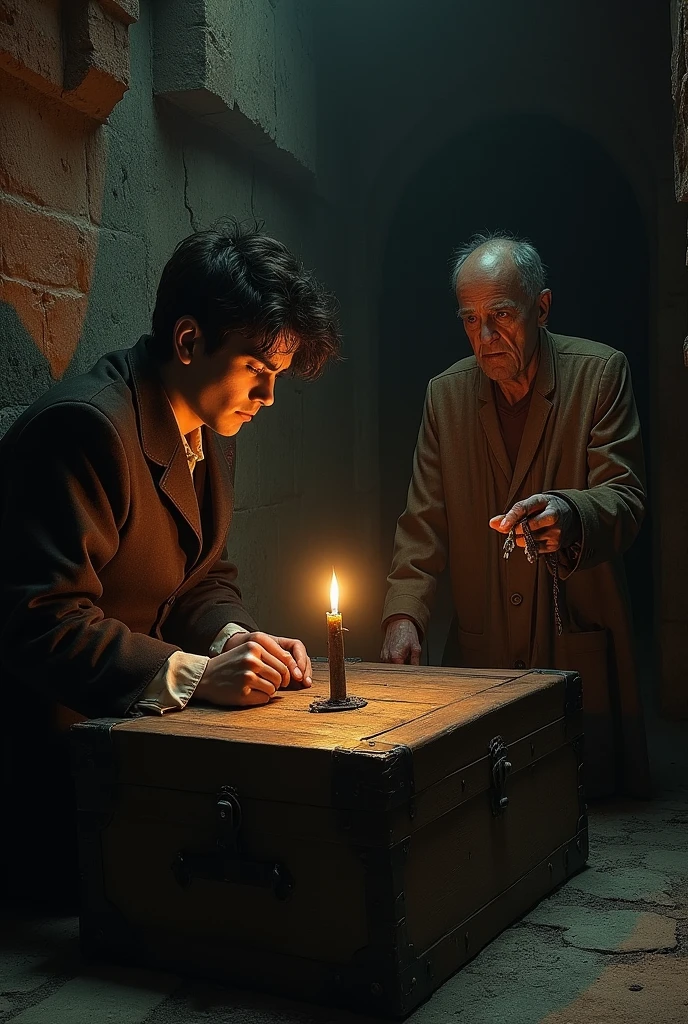 In the damp darkness of a basement, The narrator, a man with a restless look and a pale face, leans over an old wooden chest. his eyes, enlarged by emotion and fear, They scan the shadows that move on the stone walls. The trunk, covered in dust and cobwebs, seems to keep dark secrets. at your side,Rigoletto a hunchbacked person, a sinister figure, carefully examines a rusty key. His hump, that seems to deform his body, gives it a grotesque and menacing appearance. his eyes, sunk in the basins, They shine with a strange light, as if they were hiding some forbidden knowledge. The candle, that trembles precariously in a wrought iron candlestick, casts elongated and deformed shadows on the walls, accentuating the atmosphere of mystery and claustrophobia.

Key elements to consider for illustration:

Storyteller: A young man, delgado, with an air of tormented intellectuality. Your expression should reflect a mix of curiosity, fear and fascination.
Little hunchback: An imposing and menacing figure, with a pronounced hump. his eyes deben ser pequeños y penetrantes, and his mouth, furrowed in a grimace of satisfaction.An adult human person, little hump Environment: A dark and damp basement, with stone walls and a dirt floor. The trunk debe ser el centro de atención, surrounded by old and dusty objects.
lightning: The candle debe ser la única fuente de luz, creating dramatic shadows and accentuating the atmosphere of mystery.
This description seeks to convey the tension and suspense of the scene., así como la compleja relación entre The narrator y el jorobadito.THE DRAWING OF THE CHARACTERS HAS TO BE CLASSICAL BECAUSE THE ILLUSTRATION IS FROM THE ERA OF MODERNIST LITERATURE,ANOTHER THING TO KEEP IN MIND IS THAT RIGOLETTO THE HUNCHBACK IS NOT A MONSTER, HE IS A PERSON