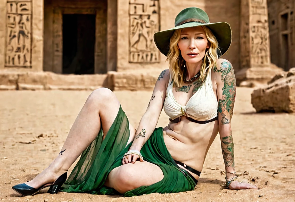 (sag)(Cate Blanchett, age 25, age 25, British Expedition hat on ground, Sheer white top torn open, Sheer green dress torn open, no underwear, tablet on ground, recoiling in fear, battered and bruised), desert ruins with hieroglyphs, a lesbian mummy (gorgeous female stripper covered in glyph tattoos and dingy bandage)
