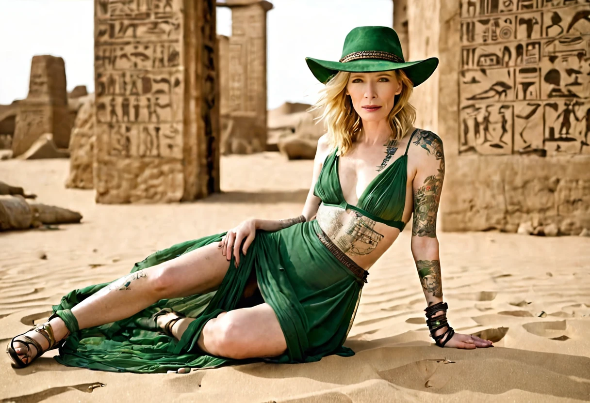 (sag)(Cate Blanchett, age 25, age 25, British Expedition hat on ground, Sheer white top torn open, Sheer green dress torn open, no underwear, tablet on ground, recoiling in fear, battered and bruised), desert ruins with hieroglyphs, a lesbian mummy (gorgeous female stripper covered in glyph tattoos and dingy bandage)