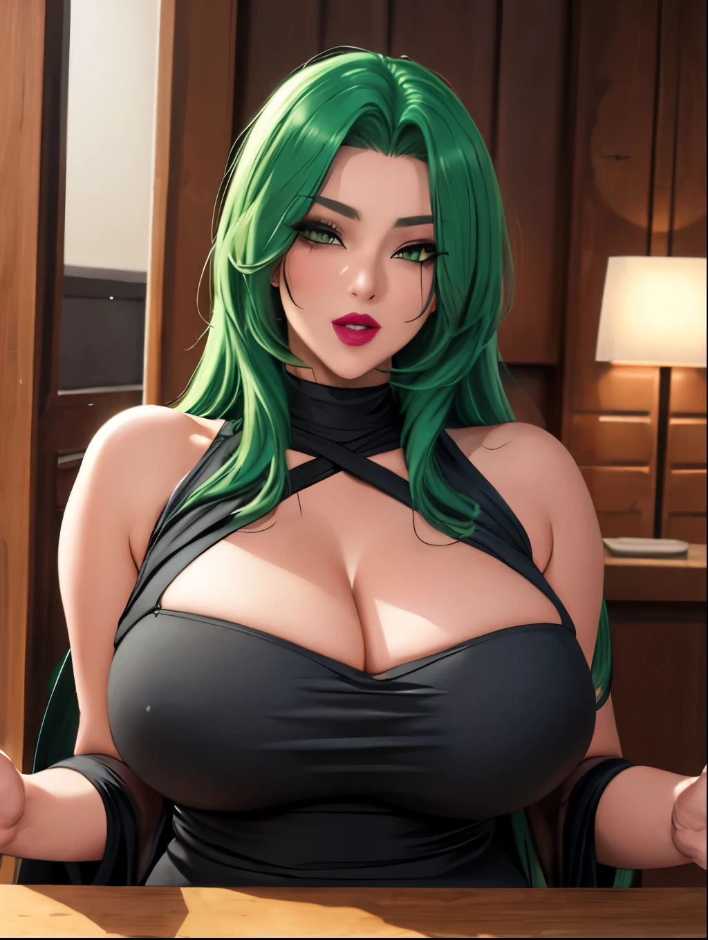 Big Breasts, lipstick, Hair on one eye, Long Hair,Green Hair,dress, One person, One personで, Upper Body, Face-to-face viewer, Beautiful older sister,