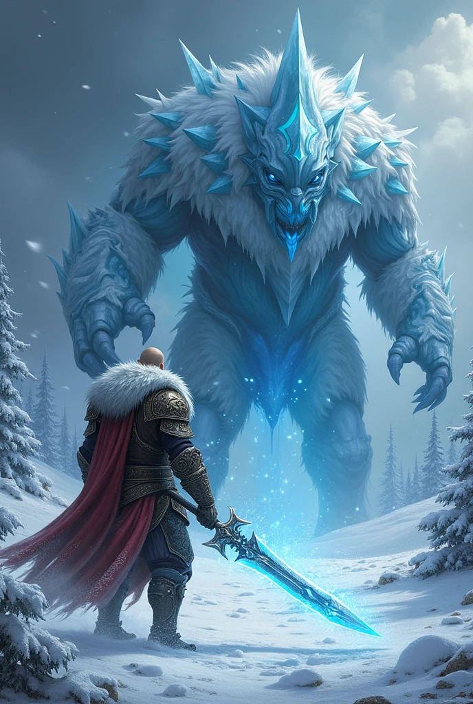 A brave warrior fighting with ice monster 