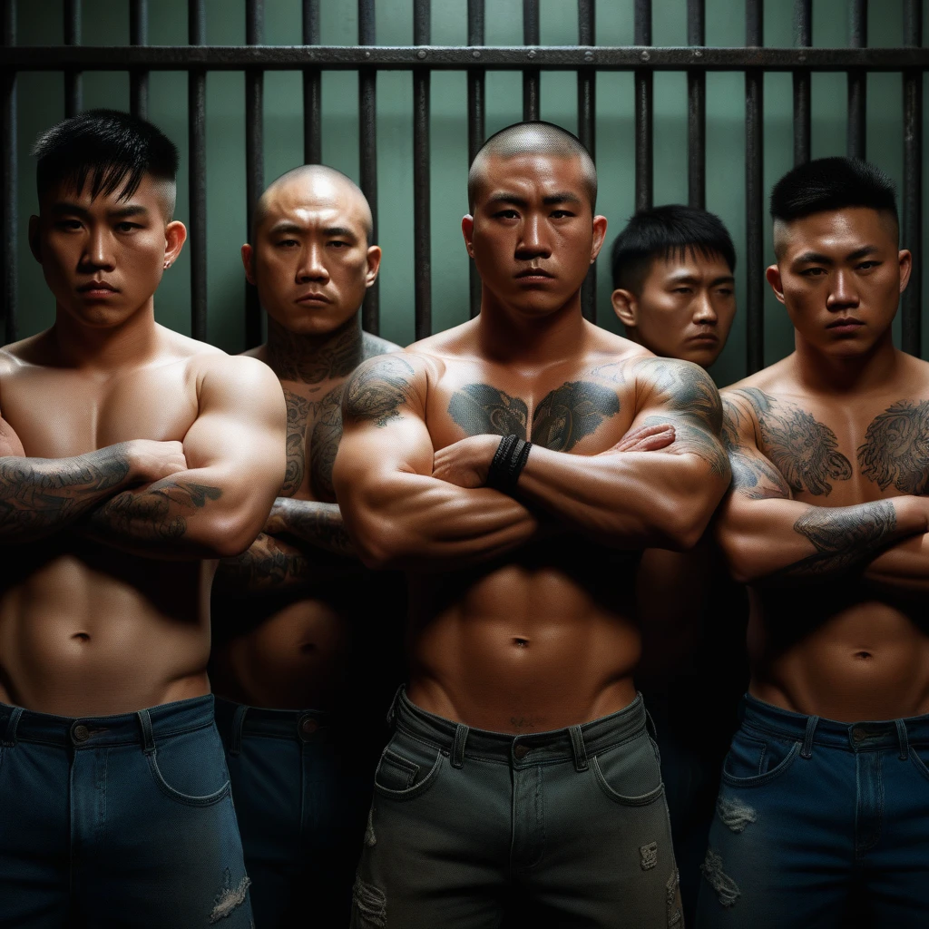 A cinematic, photorealistic image capturing the tense and gritty atmosphere of a jail cell. Inside the cell, a group of shirtless Chinese gang members are standing in a line, their muscular bodies adorned with intricate, dark tattoos that tell stories of their lives and allegiance. Each gang member has their arms crossed in a defiant stance, exuding a sense of power and control even in confinement. They are all wearing menacing, black face masks that conceal their expressions, adding an aura of mystery and danger. The dim lighting casts deep shadows across their faces and bodies, highlighting the detailed tattoos and the raw, tense energy of the scene. The cold, metallic bars of the jail cell create a stark contrast against the gang members' bare skin, emphasizing the harsh reality of their imprisonment. The background is blurred, focusing attention on the intensity of the gang members' presence within the small, confining space."