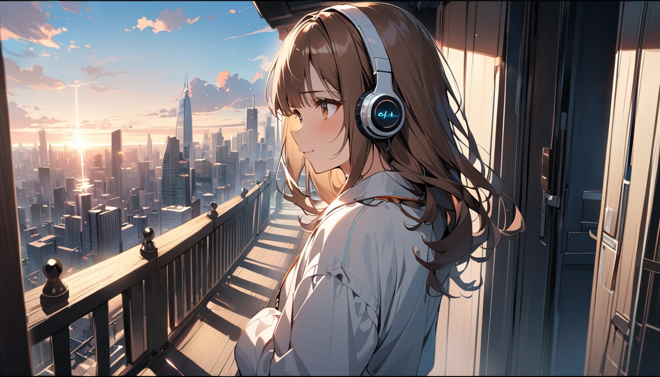 (Brown haired woman wearing headphones), (Listening to background music on a quiet early morning balcony), (Very detailed, masterpiece, Highest quality, bright), (Anime Style)
background: Sky and cityscape with a hint of morning glow: Bright smile costume: Light pajama pose: Standing on the balcony、Scene looking up at the sky: Still quiet early morning、A moment to start the day with refreshing background music
