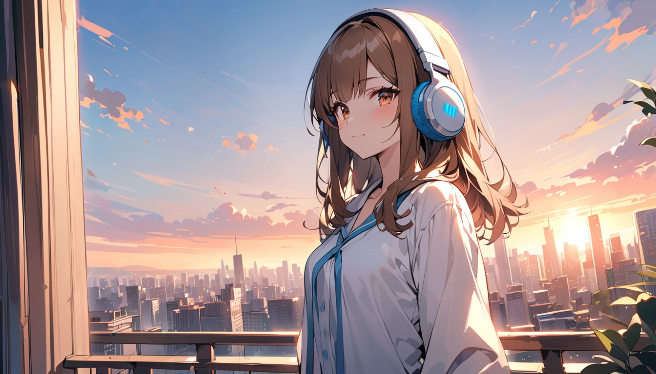 (Brown haired woman wearing headphones), (Listening to background music on a quiet early morning balcony), (Very detailed, masterpiece, Highest quality, bright), (Anime Style)
background: Sky and cityscape with a hint of morning glow: Bright smile costume: Light pajama pose: Standing on the balcony、Scene looking up at the sky: Still quiet early morning、A moment to start the day with refreshing background music
