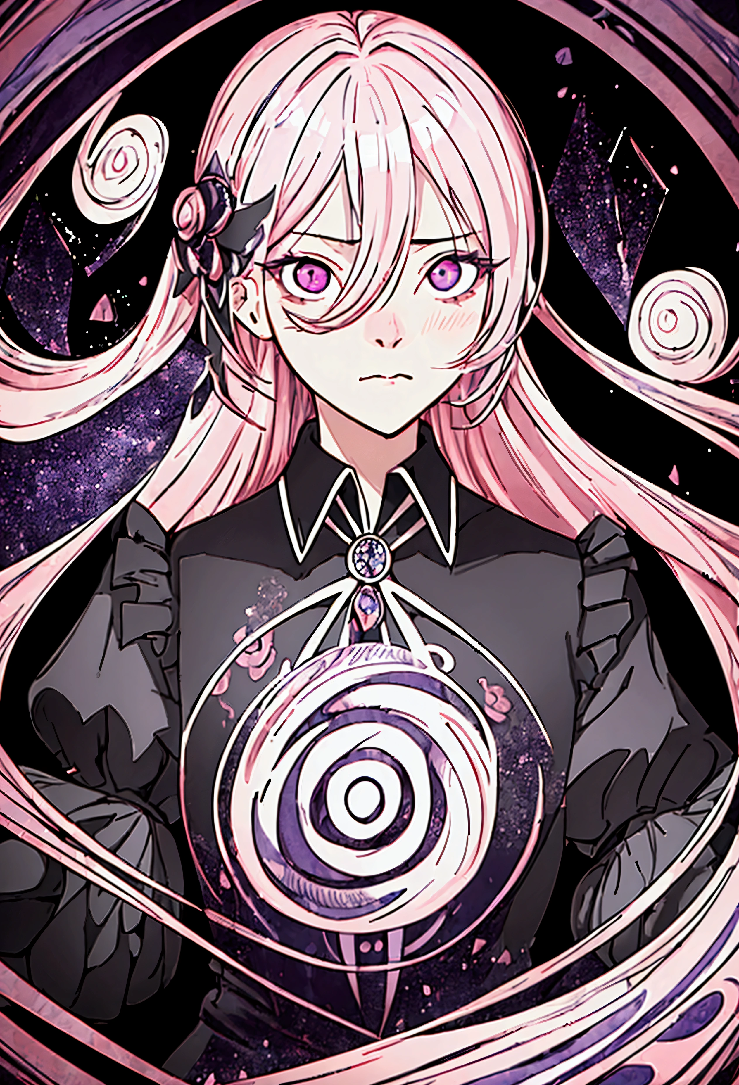 2D Anime Style (masterpiece, Highest quality, Ultra-detailed, Best Shadow), (Detailed Background,Dark fantasy), (Beautiful detailed face), High Contrast, (The best illumination, Very delicate and beautiful), ((Cinematic Light)), colorful, Hyper Detail, Dramatic light, Intricate details, (1, alone,Pink Hair,Hairstyle: Long hair, Soft Face, Purple Eyes,Dynamic Angle), (A curse swirls around the character.:1.5), Depth of written boundary, Black light particles, (Broken glass)、《Long sleeve black jersey》 Five fingers