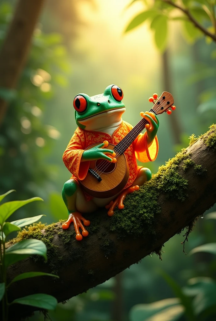 On a branch in the rainforest,Light rain,Morning dew sparkles,A fat tree frog playing the biwa,The frog is wearing an orange Chinese dress,Ultra-realistic,high resolution,It's on a branch
