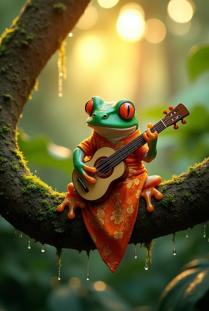 On a branch in the rainforest，Light rain，Morning dew sparkles，A fat tree frog playing the biwa，The frog is wearing an orange Chinese dress，Ultra-realistic，high resolution，It&#39;s on a branch