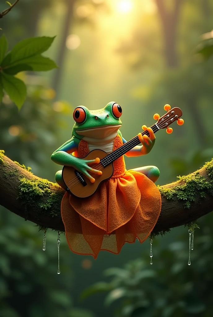 On a branch in the rainforest，Light rain，Morning dew sparkles，A fat tree frog playing the biwa，The frog is wearing an orange Chinese dress，Ultra-realistic，high resolution，It&#39;s on a branch