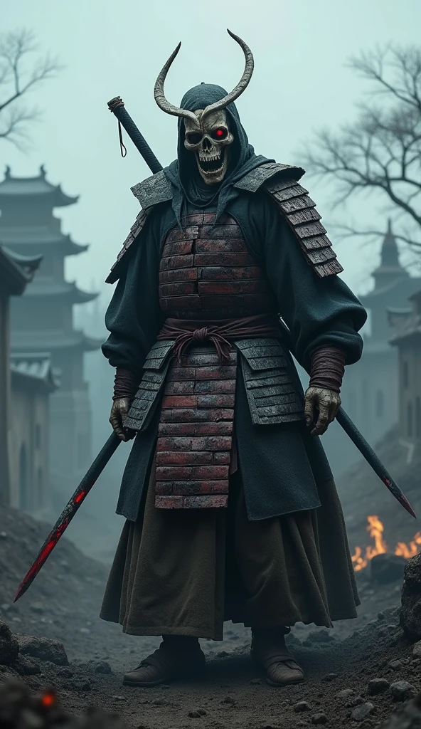 Depict the Samurai Wraith who died during the Warring States period and has resurrected as a vengeful spirit, relentlessly pursuing his former enemies in a realistic and terrifying manner. Emphasize the following features:

- **Appearance**: This Samurai Wraith has partially decayed after centuries in the grave. His skin is a ghastly gray, with sections where rot has progressed, exposing bone. His eyes are deep-set with a cold, red flame flickering within. His face bears the marks of intense battles from the Warring States era, and his expression is filled with rage and resentment.

- **Armor and Weapon**: The Samurai Wraith wears armor that has lost its former glory, now rusted and cracked. The armor is scarred from countless battles, telling the story of his suffering and fury. His sword, rusted since the Warring States period, is stained with blood and the grime of the battlefield. Despite its age, the sword emits an aura of malice when swung, projecting a menacing presence.

- **Movement**: The Samurai Wraith moves with an eerie, heavy pace but can suddenly become swift when driven by his thirst for revenge. His movements are filled with determination, and each step he takes spreads fear and anxiety around him. As he walks, decayed footprints are left on the ground, and the air grows cold and oppressive.

- **Background**: Set the background in a desolate battlefield from the Warring States period. Under a darkened sky, charred fields and crumbling castle ruins spread out, with remnants of battles visible everywhere. Rotten trees and ruined villages are surrounded by mist, with the whispers of spirits echoing on the wind. The overall atmosphere should evoke the terror and despair of the war-torn Warring States era.

Overall, aim to realistically portray the fear and vengeful determination of the Samurai Wraith, emphasizing his imposing presence and unresolved anger.